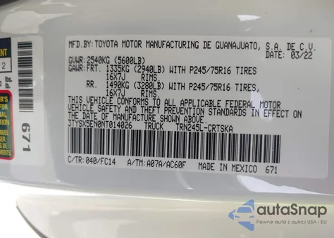 2022 Toyota Tacoma Sr5 z USA, uszkodzony, nr VIN 3TYSX5EN0NT014026